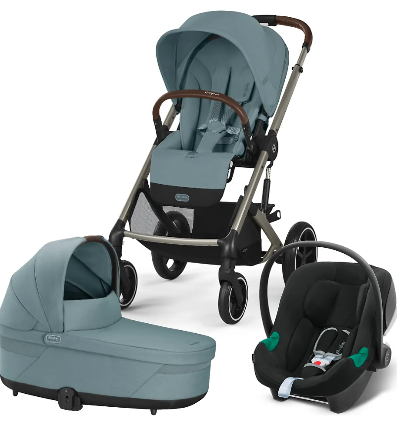 Детская коляска Cybex Balios S Lux TPE 3 в 1 цвет Stormy Blue в комплекте со спальным блоком Cot S, автокреслом Aton B2 i-Size, дождевиками и адаптерами 2шт