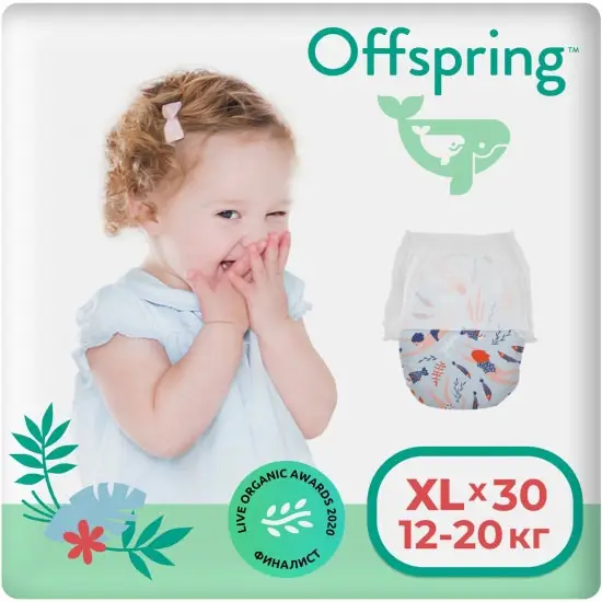 Трусики-подгузники Offspring, размер XL, 12-20 кг, 30 шт, расцветка Риф