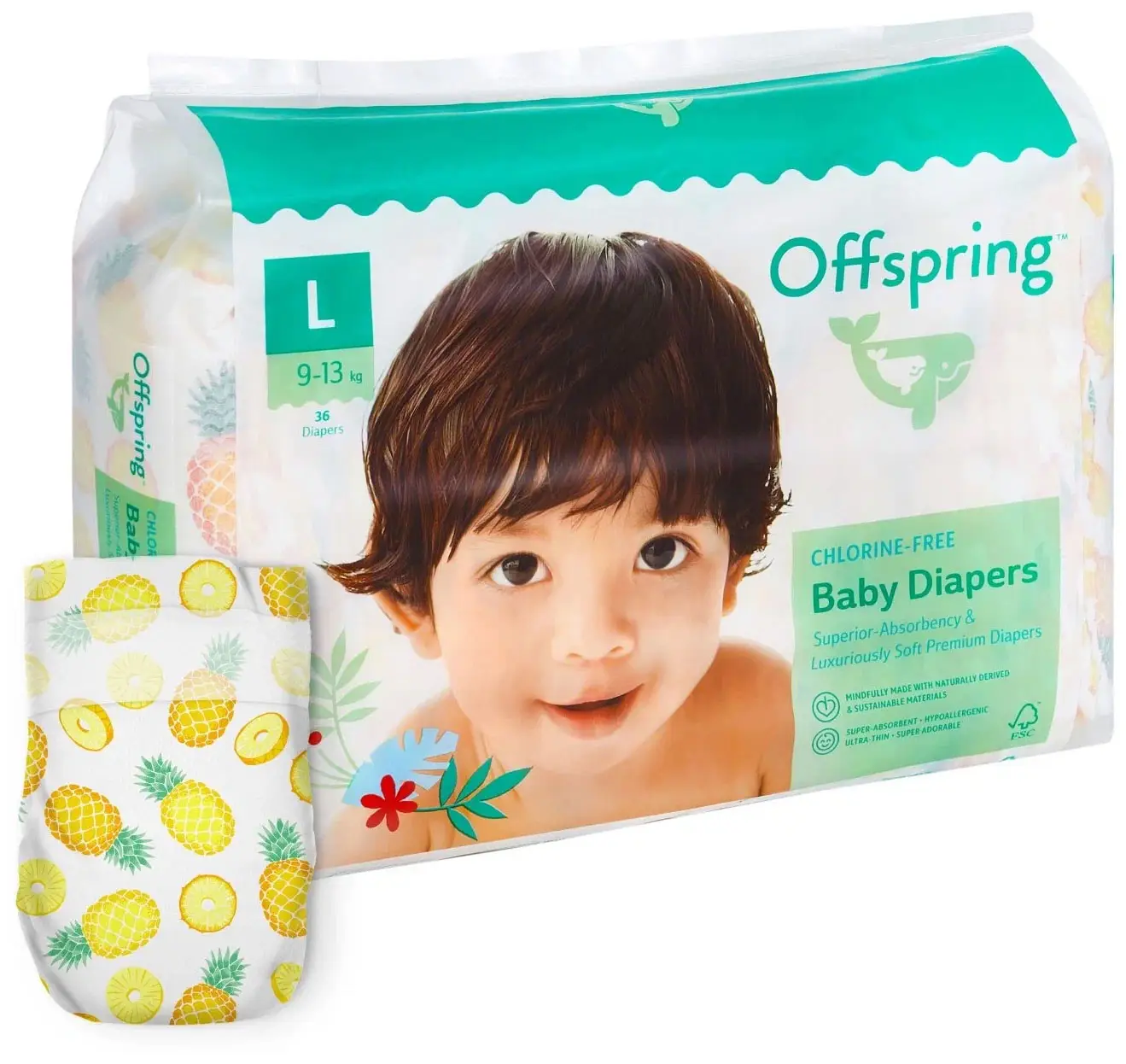 Подгузники Offspring, L 9-13 кг, 36 шт,  расцветка Ананасы