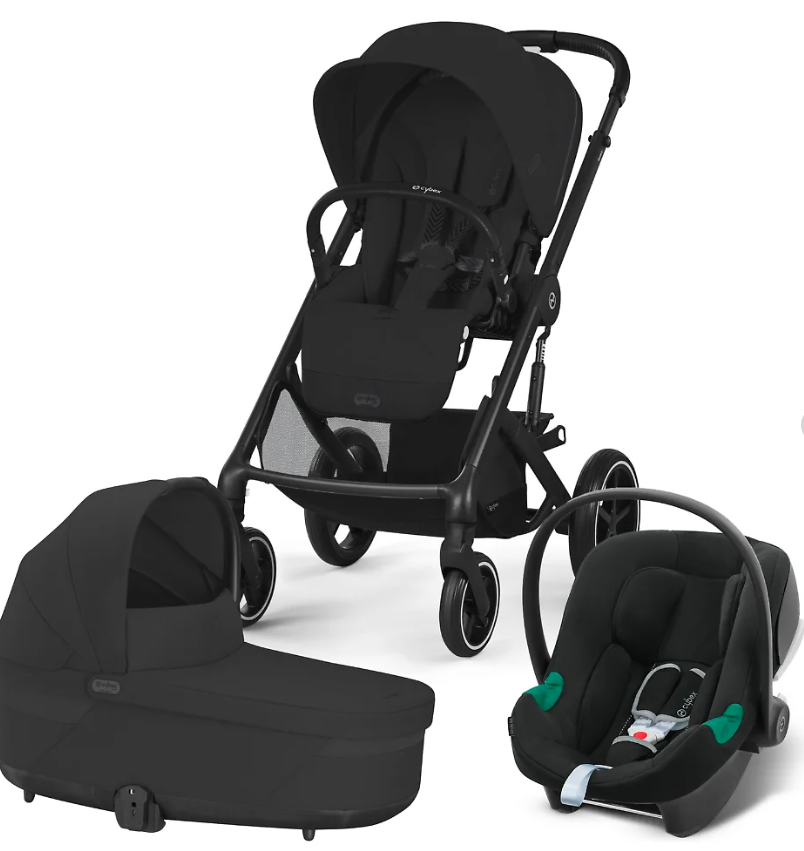 Детская коляска Cybex Balios S Lux BLK 3 в 1 цвет Moon Black в комплекте со спальным блоком Cot S, автокреслом Aton B2 i-Size, дождевиками и адаптерами 2шт