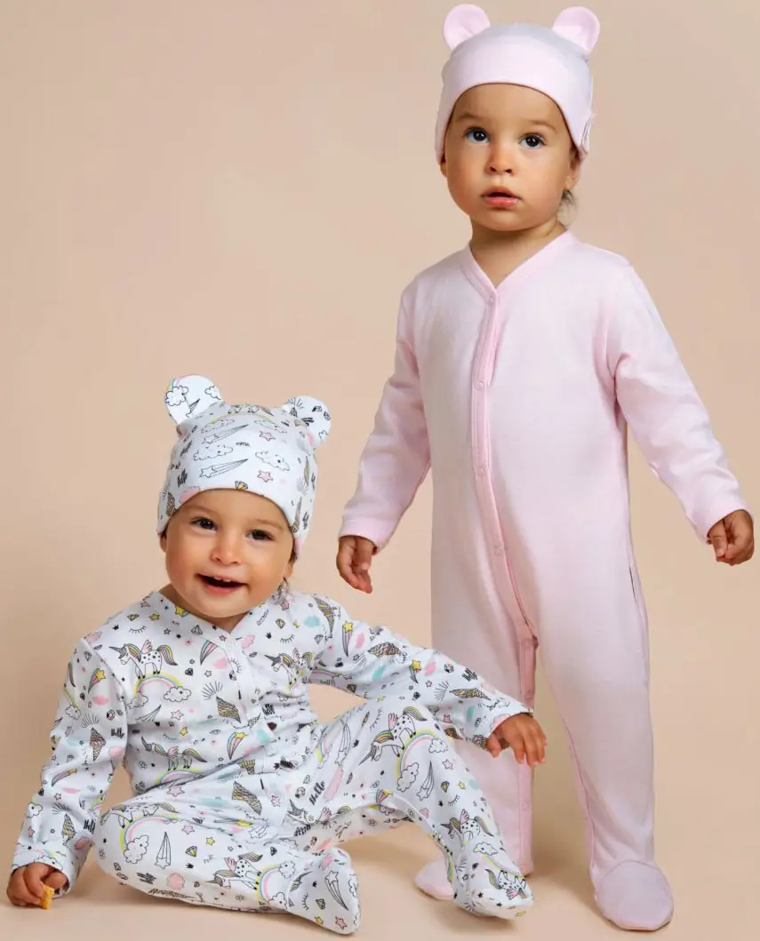 Комплект комбинезонов (слипов) детских с шапочкой Amarobaby Nature, розовый/единороги, р.62-68