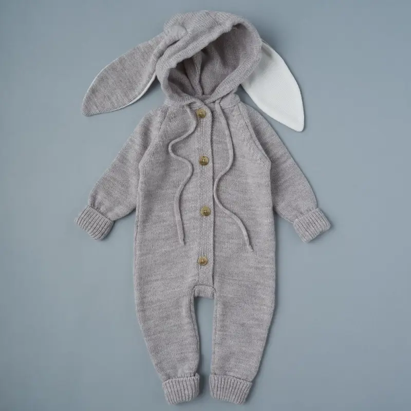 Комбинезон с капюшоном вязаный Little Star Зайка мериносовая пряжа, серый 56