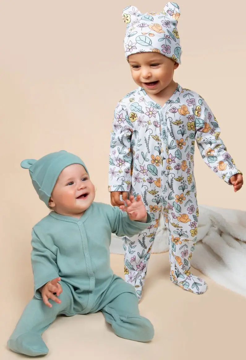 Комплект комбинезонов (слипов) детских с шапочкой Amarobaby Nature, мятный/цветы, р.62-68