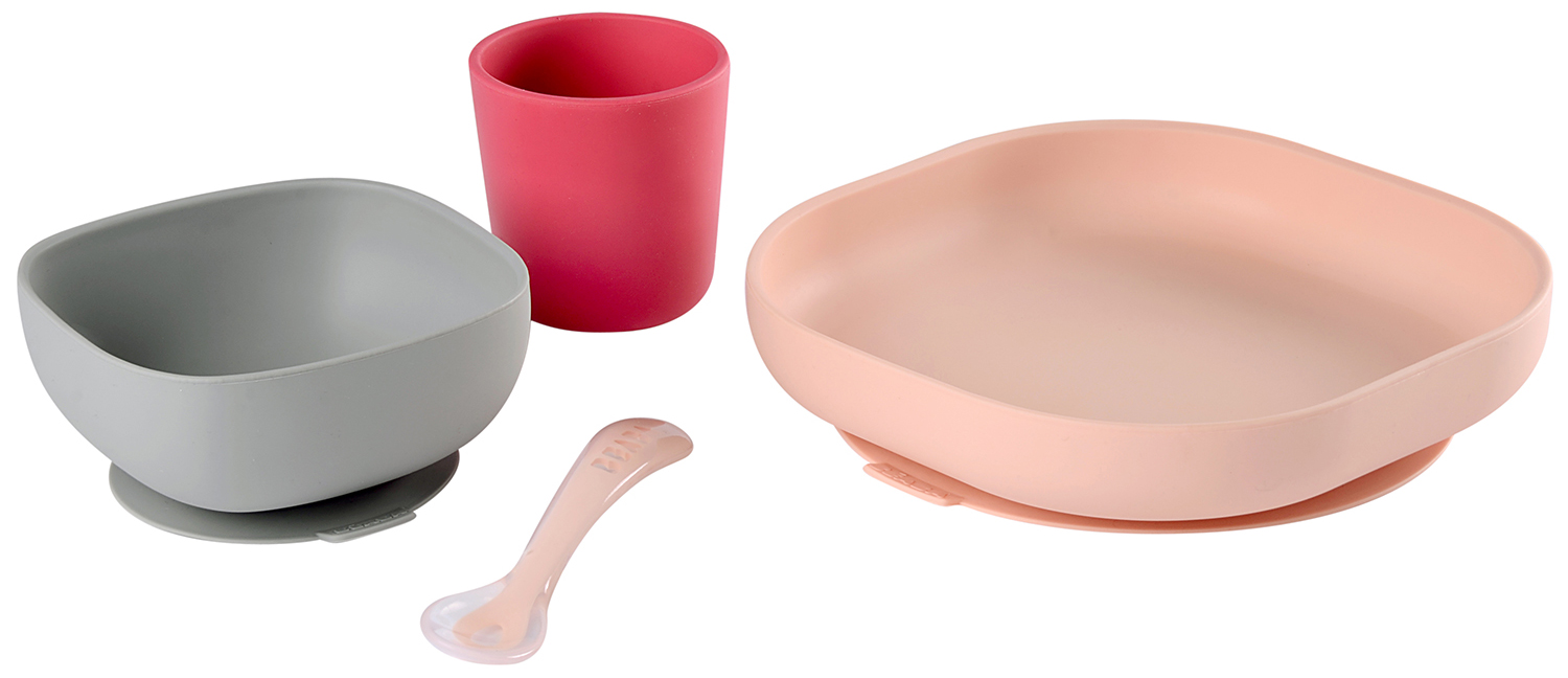 Набор посуды Beaba 2 тарелки, стакан, ложка Silicone Meal Set Pink купить в  Москве в интернет-магазине LEMI KIDS