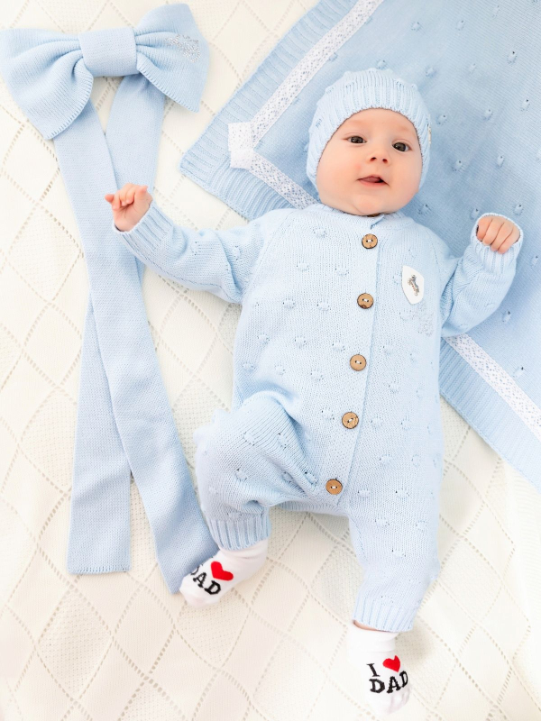 Вязаный комплект Комбинезон и шапочка Luxury Baby голубой 56-62