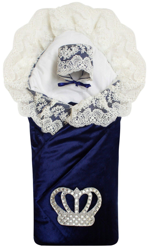Конверт-одеяло на выписку Luxury Baby Императорский, тёмно-синий с молочным кружевом