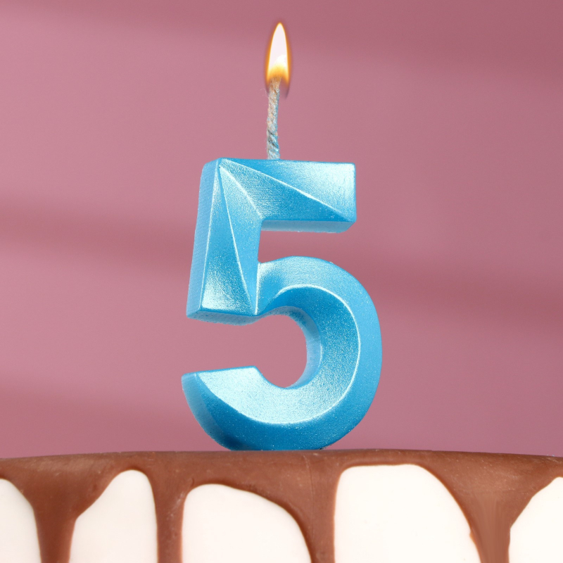 Свеча в торт Страна Карнавалия Грань, цифра 5, голубой металлик, 7,8 см