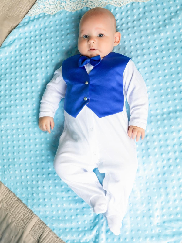 Комплект на выписку Luxury Baby Маркиз комбинезон с синей жилеткой и бабочкой, айвори 62