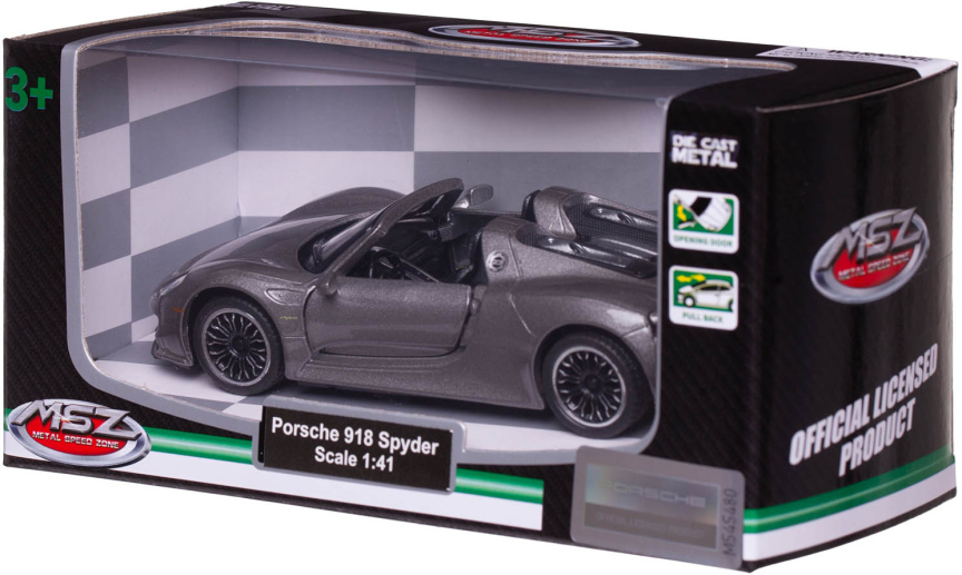 Машинка MSZ Porsche 918 Spyder металлическая, 1:43, цвет серый металлик, с инерционным механизмом