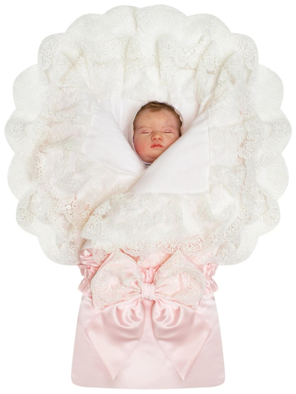 Летний конверт-одеяло на выписку Luxury Baby Милан атлас нежно-розовый с белым кружевом