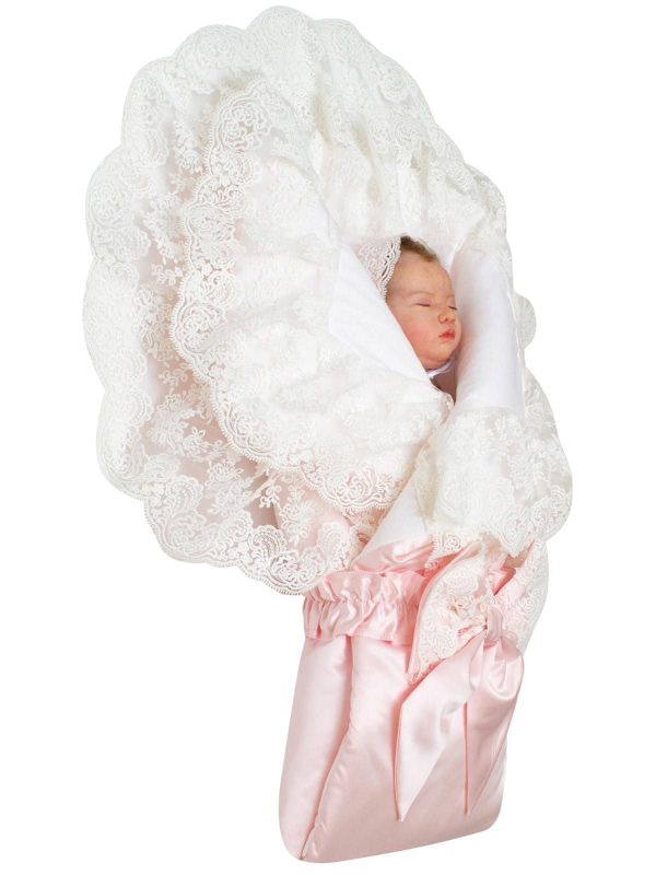 Летний конверт-одеяло на выписку Luxury Baby Милан атлас нежно-розовый с белым кружевом