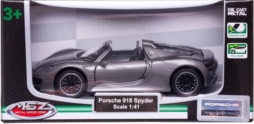 Машинка MSZ Porsche 918 Spyder металлическая, 1:43, цвет серый металлик, с инерционным механизмом