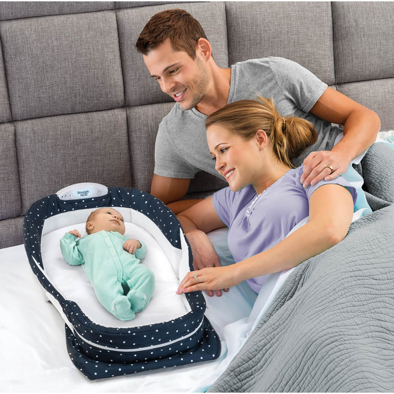 Складная кроватка Baby Delight XL синяя в горошек