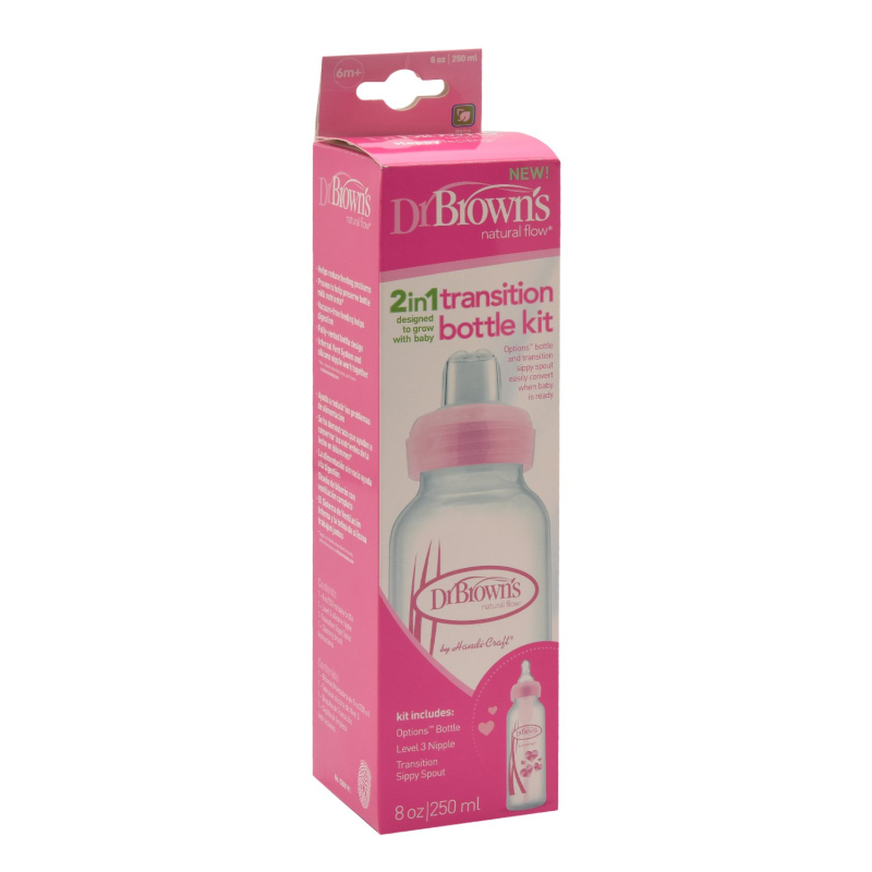 Бутылочка антиколиковая с узким горлышком Dr. Brown's Option 250 мл + соска и носик полипропилен розовый
