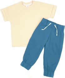 Костюм детский Amarobaby Jump, футболка,брюки, кремовый и синий, размер 98-104