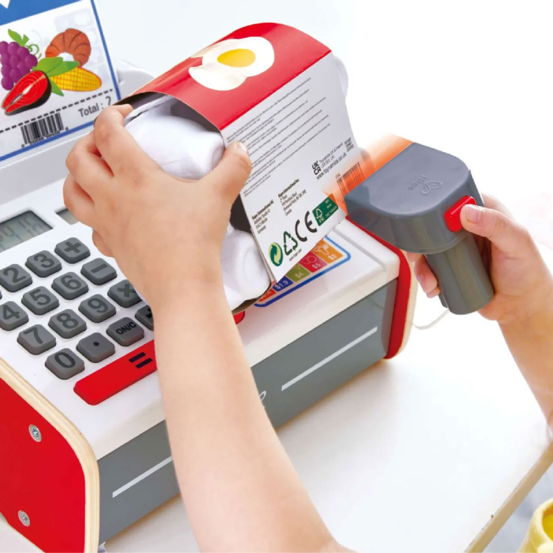 Детская игрушечная деревянная касса с набором наклеек, калькулятором, светом и звуком